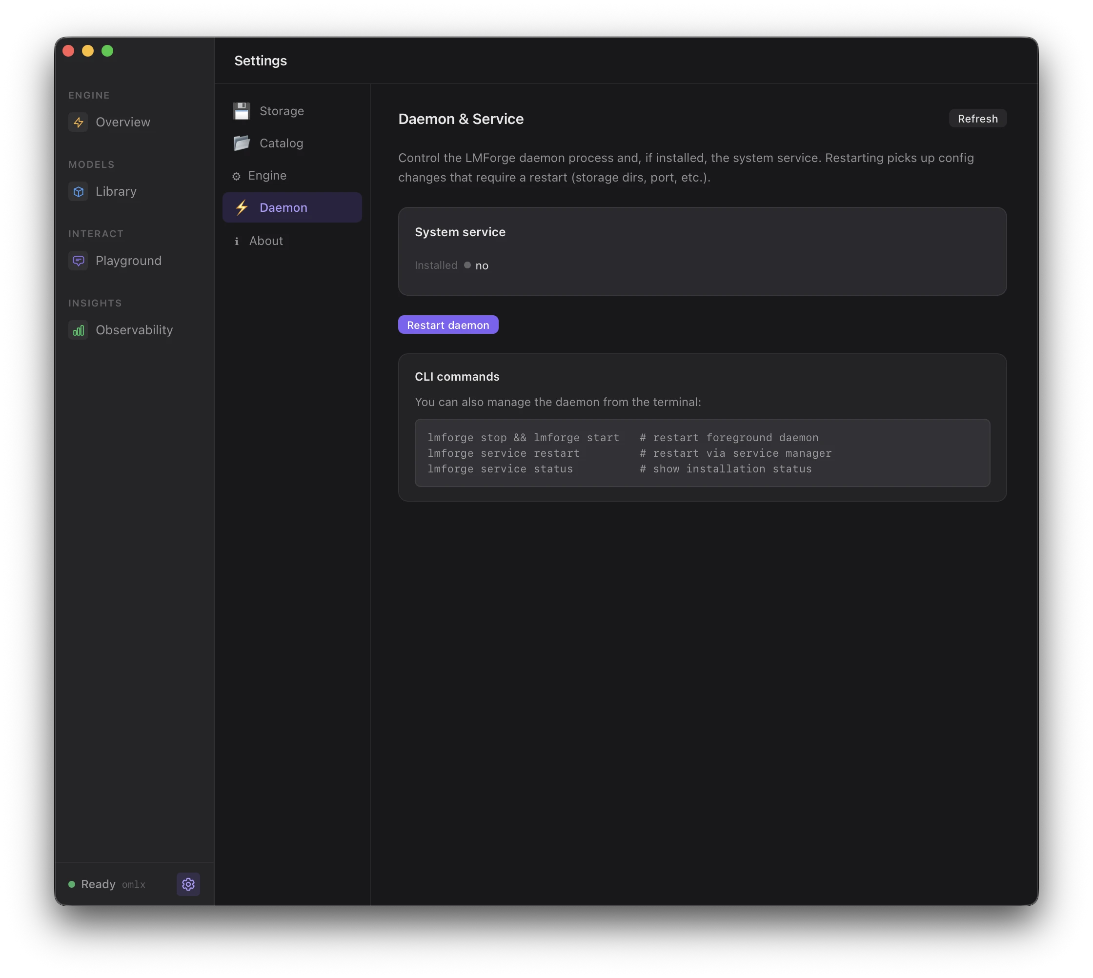 LMForge daemon settings with restart button and CLI commands